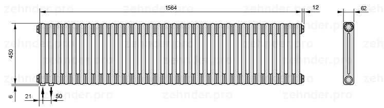 Схема (чертеж) Радиатор Zehnder Charleston 2045/34 №3370 Белый глянцевый RAL 9016